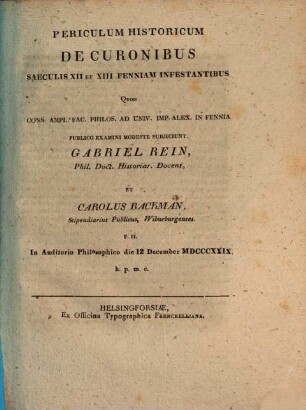 Periculum historicum de Curonibus, saeculis XII. et XIII. Fenniam infestantibus. P. II