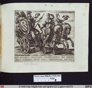 Titelblatt mit einer Darstelung Minervas in einem Streitwagen, der von Prudentia und Caritas gefahren wird.