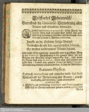 Eröffnetes Geheimnüß, betreffend die Universal-Vermehrung aller Bäume und Stauden-Gewächse