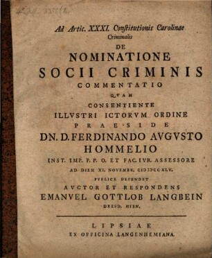 Ad Artic. XXXI. Constitutionis Carolinae criminalis de nominatione socii criminis commentatio