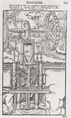 Kunstgezeug mit zweimal zwei Saugsätzen. Legende: A Die obere Welle B Das Wasserrad, das durch Bachwasser getrieben wird C Das Zahnrad D Die untere Welle E Das Getriebe F Die Krummzapfen G Die Gruppen von Pumpensätzen : Kunstgezeug mit zweimal zwei Saugsätzen. Legende: A Die obere Welle B Das Wasserrad, das durch Bachwasser getrieben wird C Das Zahnrad D Die untere Welle E Das Getriebe F Die Krummzapfen G Die Gruppen von Pumpensätzen. Repro aus: Agricola, Georgius: De re metallica liber sextus, Seite 147, Basel 1556