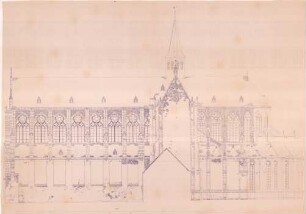 Ausstellung "Vorsicht Steinschlag" - Zur Restaurischung des Altenberger Doms" - Ausstellungstafel "Bauzeichnung des Altenberger Doms - Gesamtansicht des Hauptschiffes"