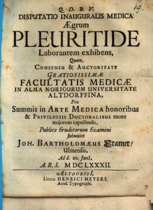 Disputatio Inauguralis Medica Aegrum Pleuritide Laborantem exhibens