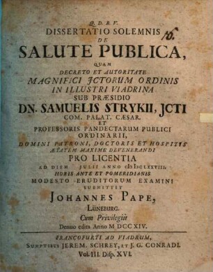 Diss. solenn. de salute publica