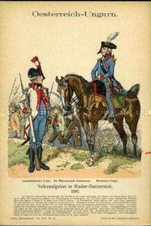Uniformdarstellung, Infanteristen und Kavallerist der Nieder-österreichischen Landwehr, Kaiserreich Österreich-Ungarn, 1797.
