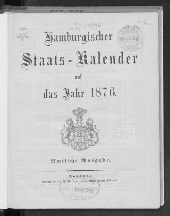 1876: Hamburgischer Staats-Kalender : auf das Jahr