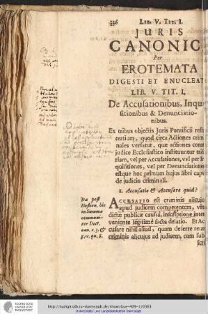 JURIS CANONICI Per EROTEMATA DIGESTI ET ENUCLEATI LIB. V. TIT. I. De Accusationibus, [Inqui...]