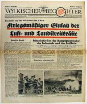 Fragment der Tageszeitung "Völkischer Beobachter" u.a. über den Staatsbesuch Hitlers in Italien