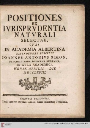 Positiones Ex Iurisprudentia Naturali Selectae - Iohannes Antonius Simon