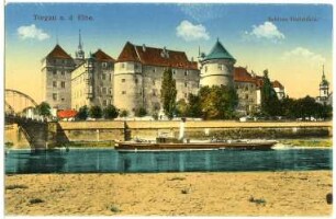 Torgau. Schloss Hartenfels - Elbe mit Schlepper