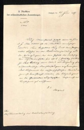 Schreiben der K. Direktion der wissenschaftlichen Sammlungen an die Verwaltung der Naturaliensammlung