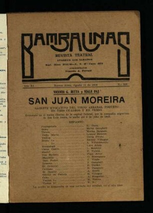 San Juan Moreira : sainete evocativo del Viejo Arrabal porteño en tres cuadros y en verso