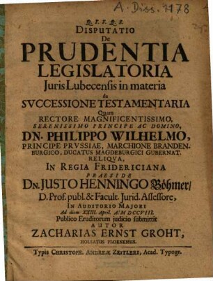 Disputatio de prudentia legislatoria iuris Lubecensis in materia de successione testamentaria