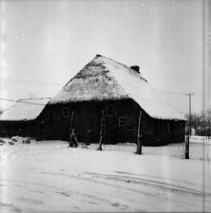 Reetdachkate: davor Zaun: Winter