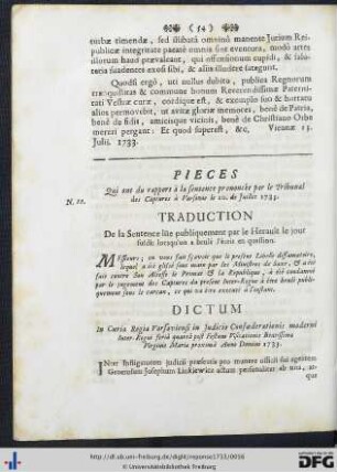 Pieces Qui ont du rapport à la sentence prononcée par le Tribunal des Captures à Varsovie le 10. de Juillet 1733.