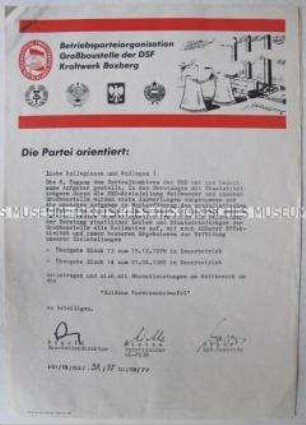 Hektografiertes Rundschreiben der SED-Betriebsorganisation der Großbaustelle für das Kraftwerk Boxberg
