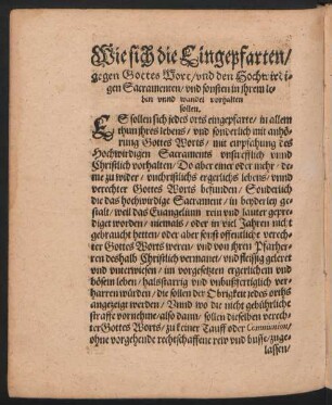 Wie sich die Eingepfarten/ gegen Gottes Wort/ und den Hochwirdigen Sacramenten ... vorhalten sollen.