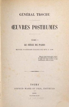 Oeuvres posthumes, 1. Le siège de Paris