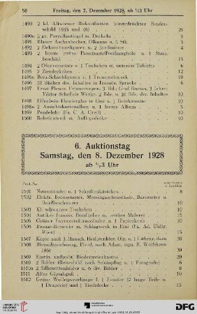6. Auktionstag Samstag, den 8. Dezember 1928 ab ½ 3 Uhr (Nr. 1501-1800)