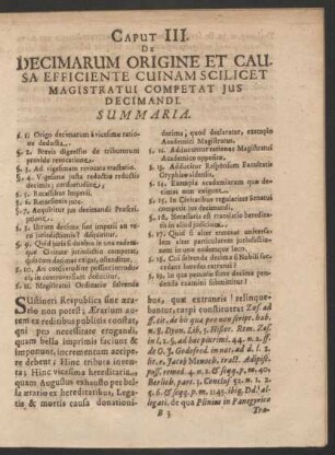 Caput III. De Decimarum Origine Et Causa Efficiente Cuinam Scilicet Magistratui Competat Ius Decimandi.