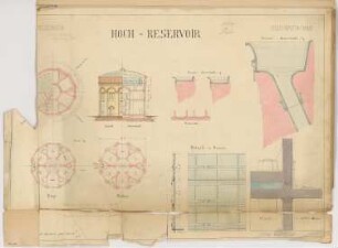 Hochreservoir Monatskonkurrenz Juli 1864: Grundriss Erdgeschoss, Obergeschoss, Dachgeschoss, Aufriss (halb) und Querschnitt (halb) 1:200, Details; Maßstabsleiste, Maßangaben