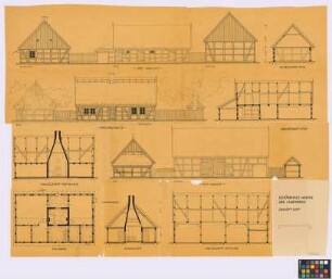Schönewald (Kreis Landsberg/Warthe): Gehöft Kipf. - Wohnhaus (Ost-Giebel-Ansicht, Längsschnitt, Grundriss des Erdgeschosses, Querschnitt, [Süd-]Seiten-Ansicht). - Stall (Ost-Seiten-Ansicht, Querschnitt, zwei Süd-Giebel-Ansichten, Längsschnitt). - Scheune (Ost-Giebel-Ansicht, Süd-Seiten-Ansicht, Längsschnitt). - unbekanntes Haus ([Süd-]Giebel-Ansicht, Querschnitt)