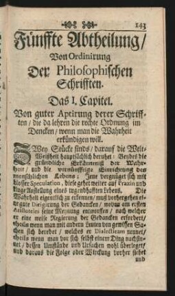Fünffte Abtheilung/ Von Ordinirung Der Philosophischen Schrifften.