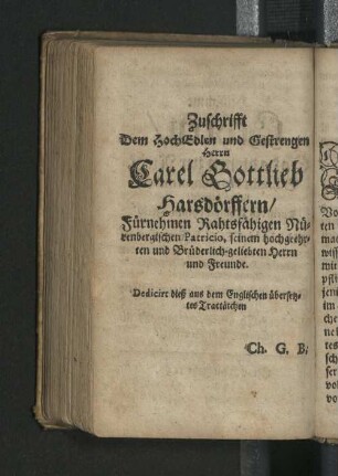 Zuschrift Dem HochEdlen und Gestrengen Herrn Carel Gottlieb Harsdörffern