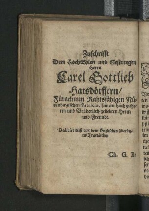 Zuschrift Dem HochEdlen und Gestrengen Herrn Carel Gottlieb Harsdörffern