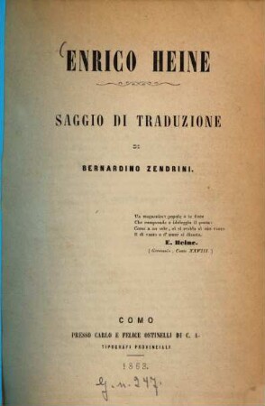 Enrico Heine : Saggio di traduzione di Bernardino Zendrini