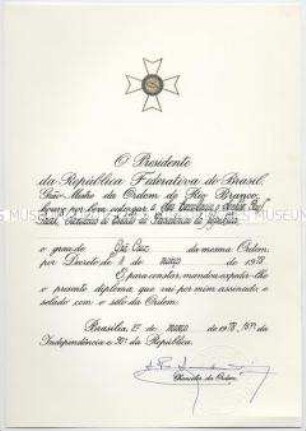 Verleihungsurkunde zum Orden von Rio Branco (Ordem de Rio Branco)