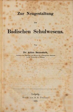 Zur Neugestaltung des Badischen Schulwesens