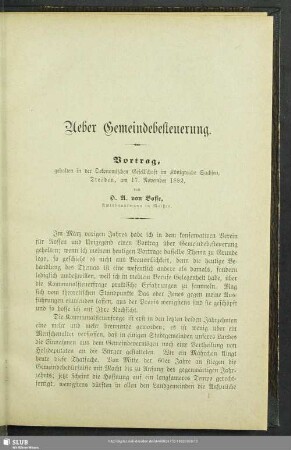 Ueber Gemeindebesteuerung : Vortrag, gehalten in der Oekonomischen Gesellschaft im Königreiche Sachsen, Dresden, am 17. November 1882