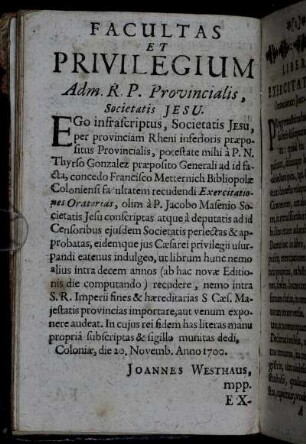 Facultas Et Privilegium Adm. R.P. Provincialis, [...].
