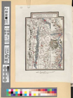 Reise Atlas von Bajern oder Geographisch-geometrische Darstellung aller bajrischen Haupt- und Landstraßen mit den daranliegenden Ortschaften und Gegenden : nebst Kurzer Beschreibungen alles dessen, was auf und an einer jeden der gezeichneten Straßen für den Reisenden merkwürdig seyn kann. [Gewidmet] Joseph August Grafen von Toerring, 64. Chaussée Von Simbach Bey Braunau Nach Passau
