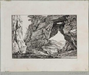 Die Kleinsteinhöhle an der Einmündung des Goldbaches in den Saupsdorfer Bach in der Sächsischen Schweiz, aus Richters "70 Mahlerischen An- und Aussichten ..."