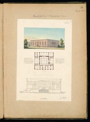 Bibliothek des Architekten-Vereins zu Berlin Monatskonkurrenz September 1850: Grundriss Hochparterre, Längsschnitt, perspektivische Ansicht; Maßstabsleiste, Erläuterungstext