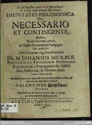 Disputatio philosophica de necessario et contingente