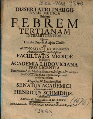 Dissertatio Inauguralis Medica Exhibens Febrem Tertianam Intermittentem