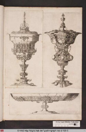 Deckelpokal mit ornamentalen Verzierungen, Grotesken, Schnecken, Früchten und Schlangen.