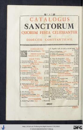 Catalogus Sanctorum Quorum Festa Celebrantur in Dioecesi Constantiensi.