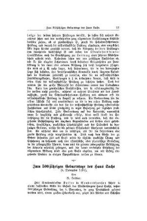Zum 500jährigen Geburtstage des Hans Sachs : (5. November 1494)