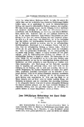 Zum 500jährigen Geburtstage des Hans Sachs : (5. November 1494)