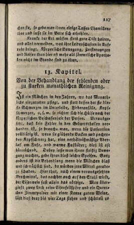 13. Kapitel. Von der Behandlung der fehlenden oder zu starken monathlichen Reinigung – 14. Kapitel. Von der Schwangerschaft und dem Kindbette