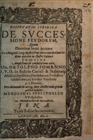 Dissertatio Iuridica De Successione Feudorum