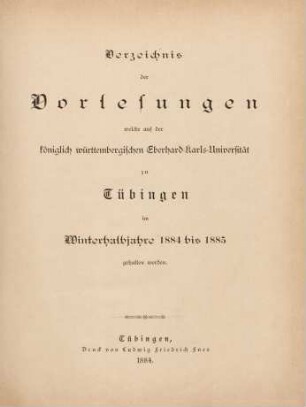 Vorlesungsverzeichnis 1884/85
