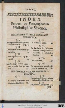 Index Partium ac Paragraphorum Philosophiae Vivendi.