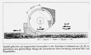 Speziell geformte und angeschutete Samenzellen in der Säscheibe im Abstand von z.B. 20 cm garantieren eine gleichmäßige Ablage der Samenkörner ohne Verrollung und ohne Fehl- und Doppelstellen