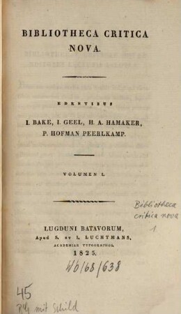 Bibliotheca critica nova. 1, 1. 1825