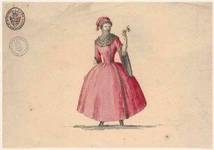 Dame in Rot mit Maske und Apfel